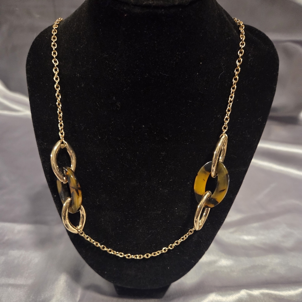 Vintage NRQ Tortoise Bead And Gold Tone Long Strand Necklace